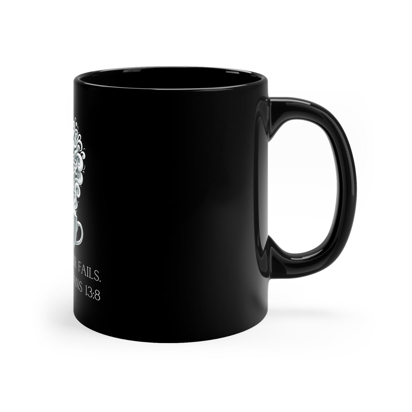 1 Corinthians 13:8 Love Never Fails Mug: Eternal Affection, 11oz Black Ceramic, Joyous Life Journals