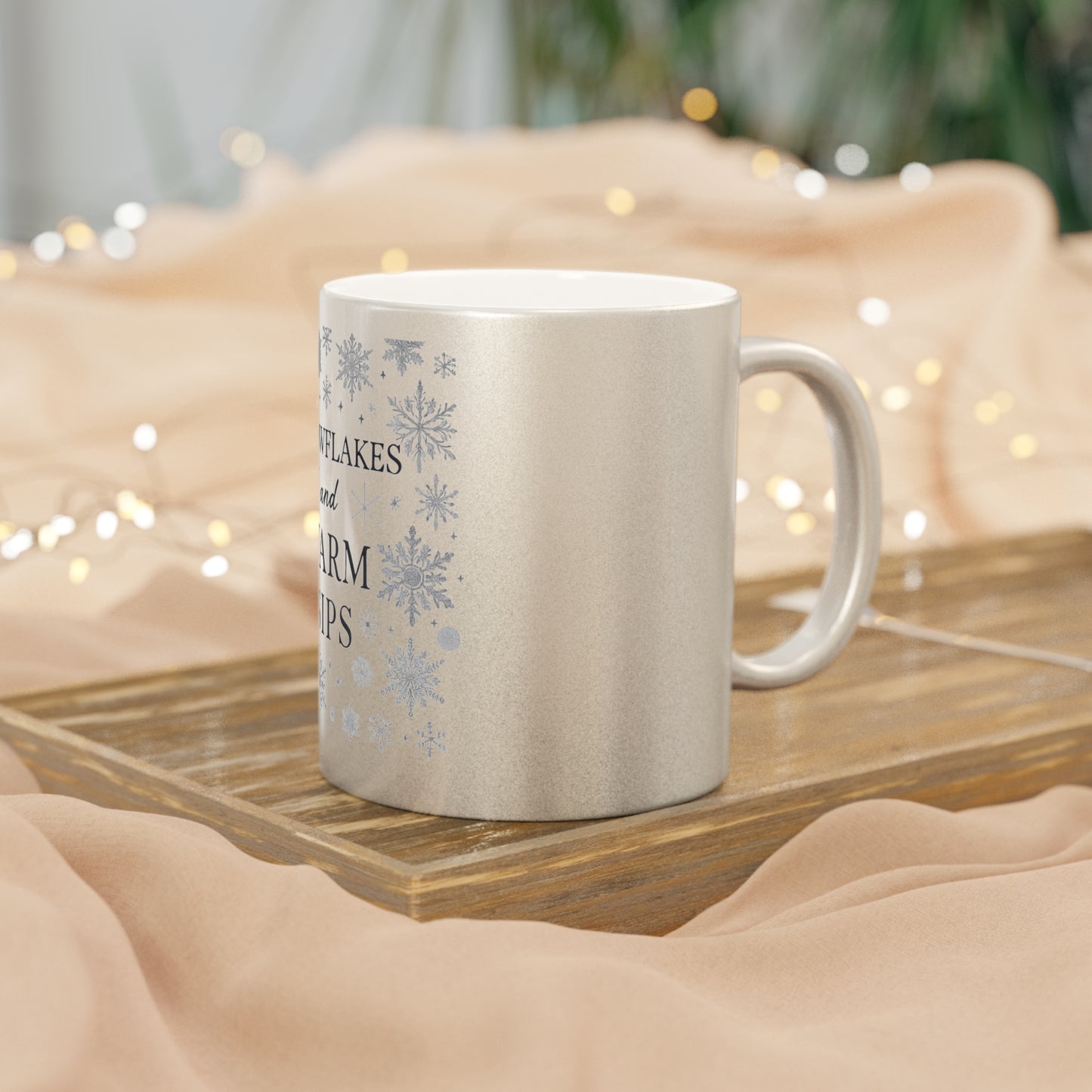 Snowflakes and Warm Sips Metallic Mug (Silver). Joyous Life Journals