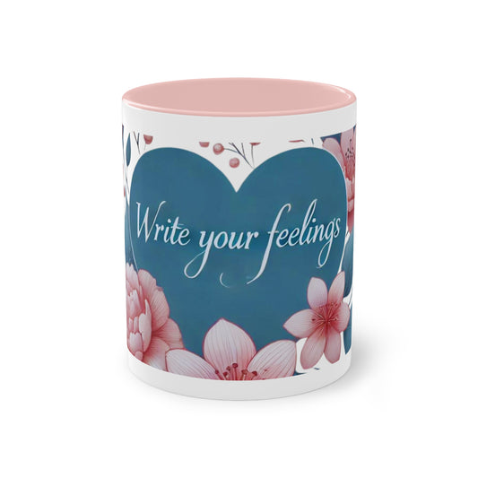 "Write Your Feelings" Pink and White Coffee Mug, Joyous Life Journals