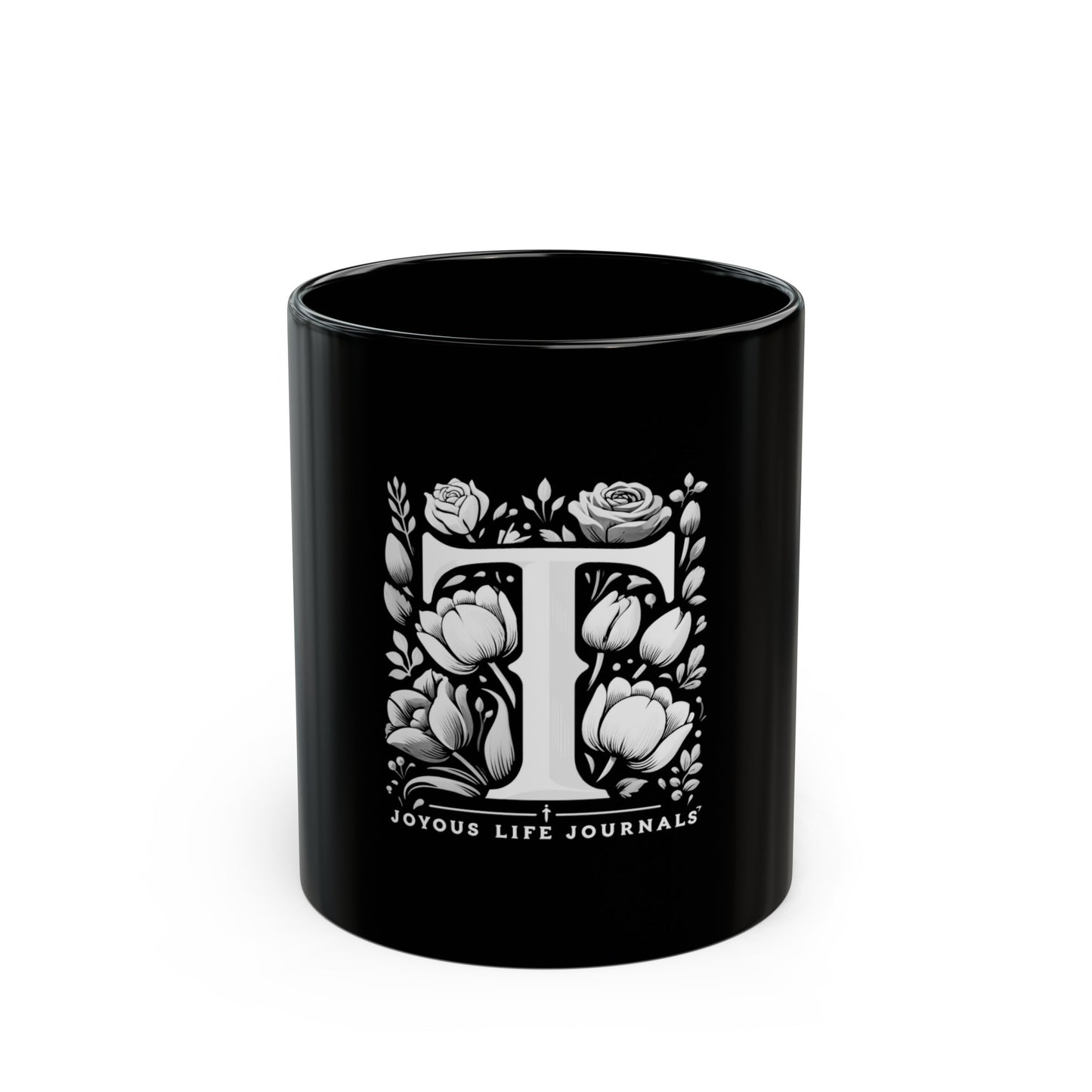 Tranquil Touch: Monogram T 11oz Black Coffee Mug, Joyous Life Journals