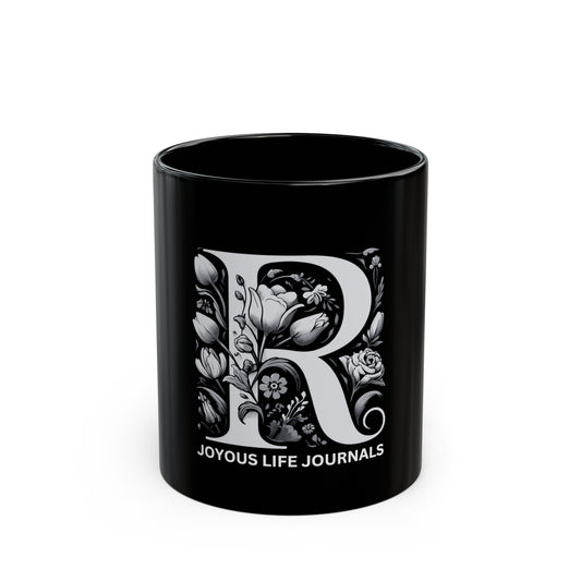 Radiant Ritual: Monogram R 11oz Black Coffee Mug, Joyous Life Journals