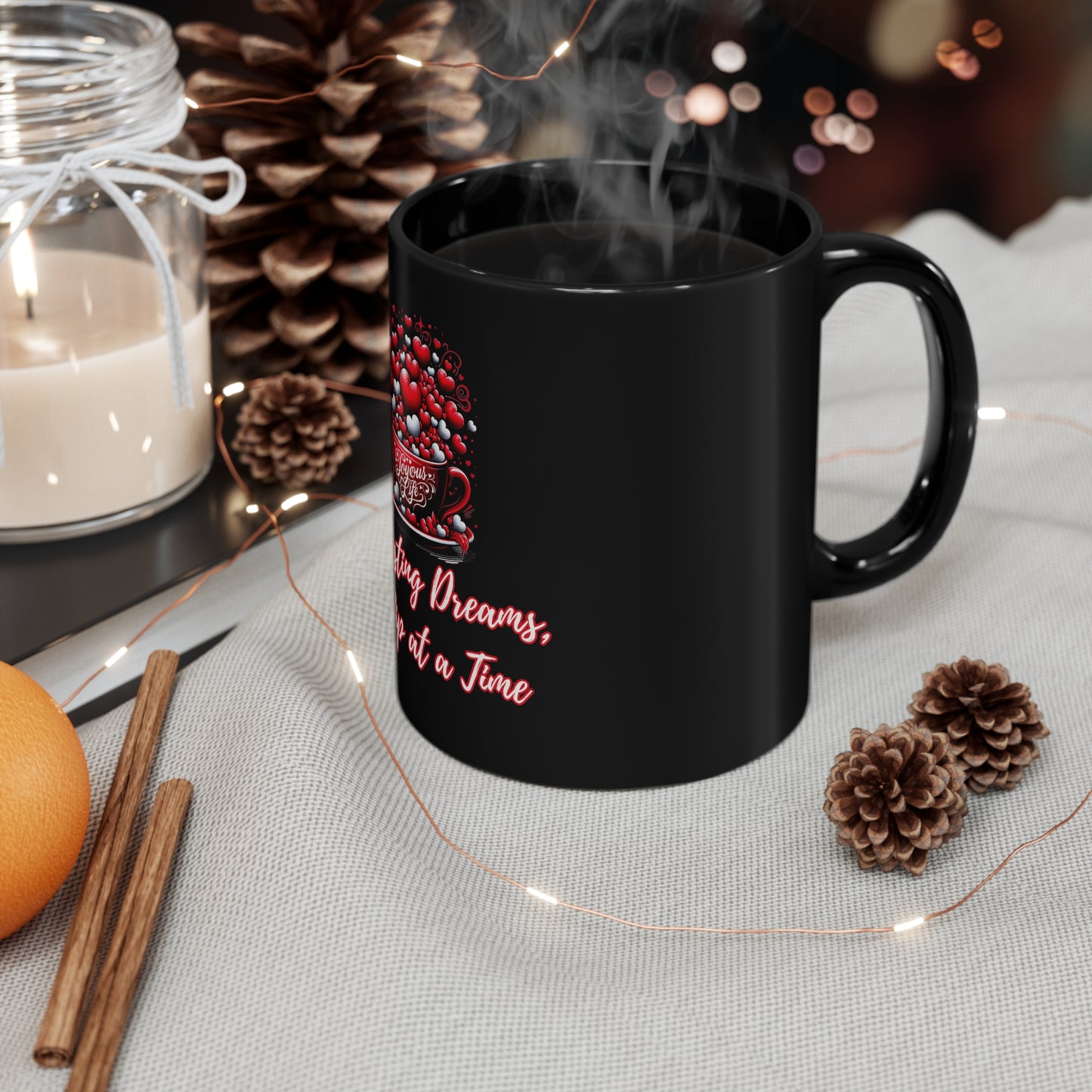 Manifesting Dreams, One Sip at a Time - Inspirational Black Ceramic Mug, Joyous Life Journals