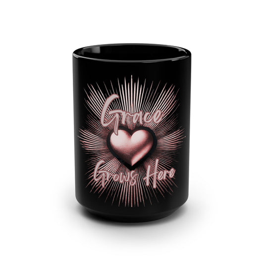 Grace Grows Here - Inspirational 15oz Black Coffee Mug, Joyous Life Journals