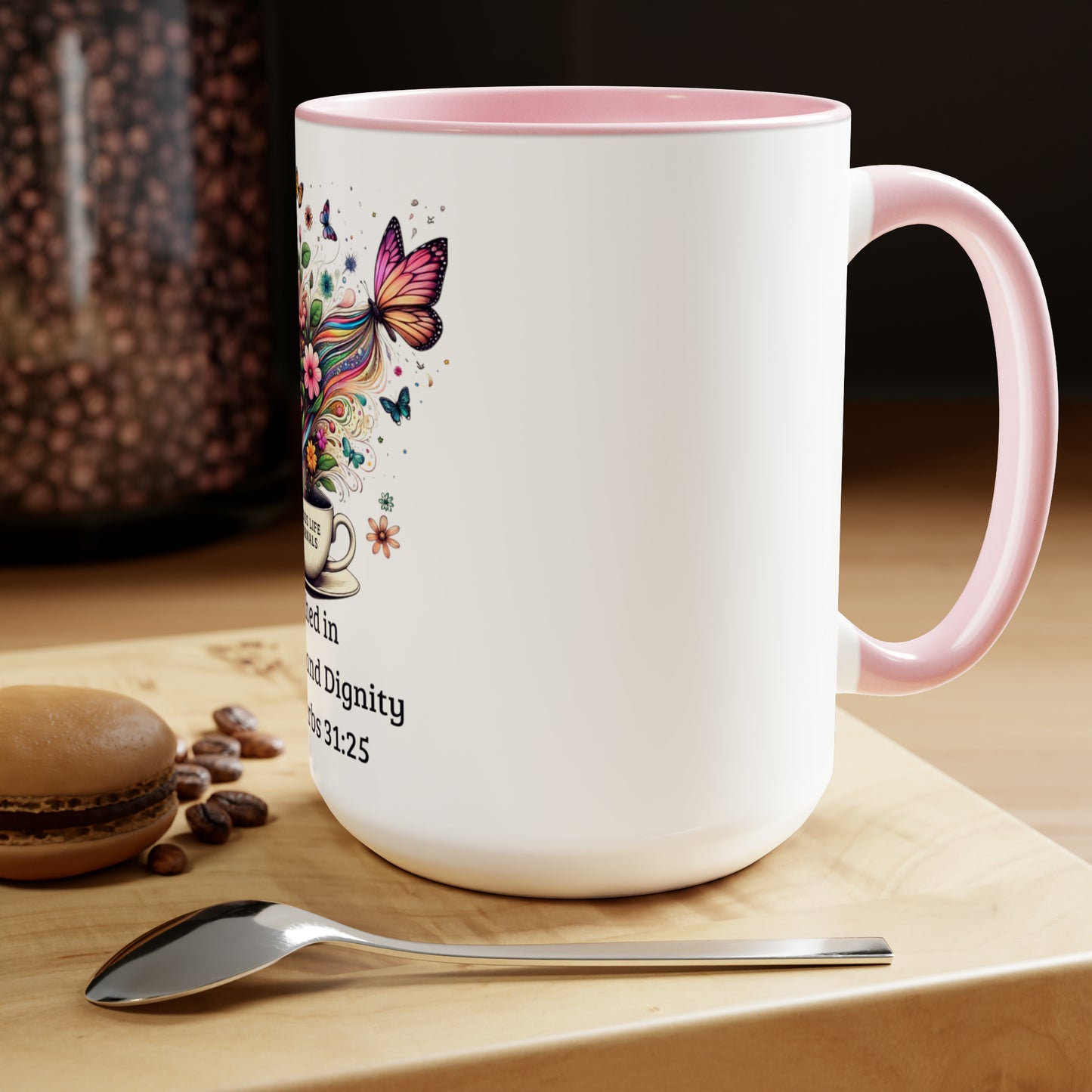 Elegance in Bloom: 'Clothed in Strength and Dignity' Proverbs 31:25 Two-Tone Mug, Joyous Life Journals