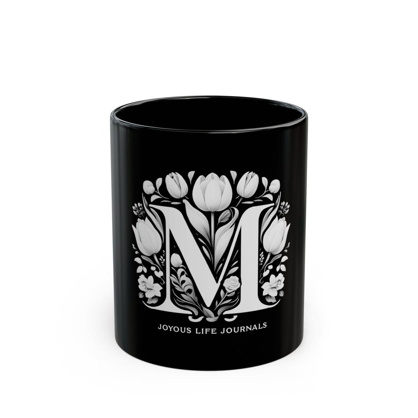 Mystique M: Monogram M 11oz Black Coffee Mug, Joyous Life Journals