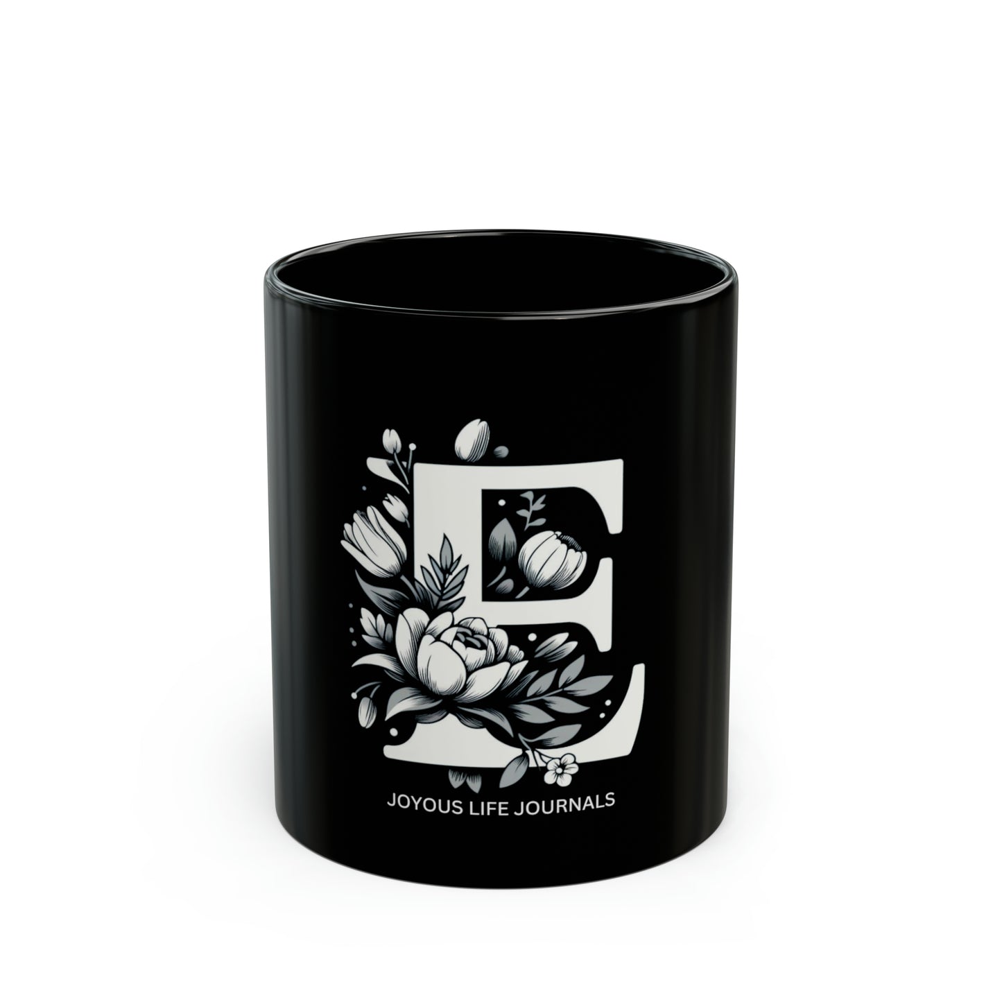 Espresso Elegance: Classic 'E' Black Coffee Mug, Joyous Life Journals