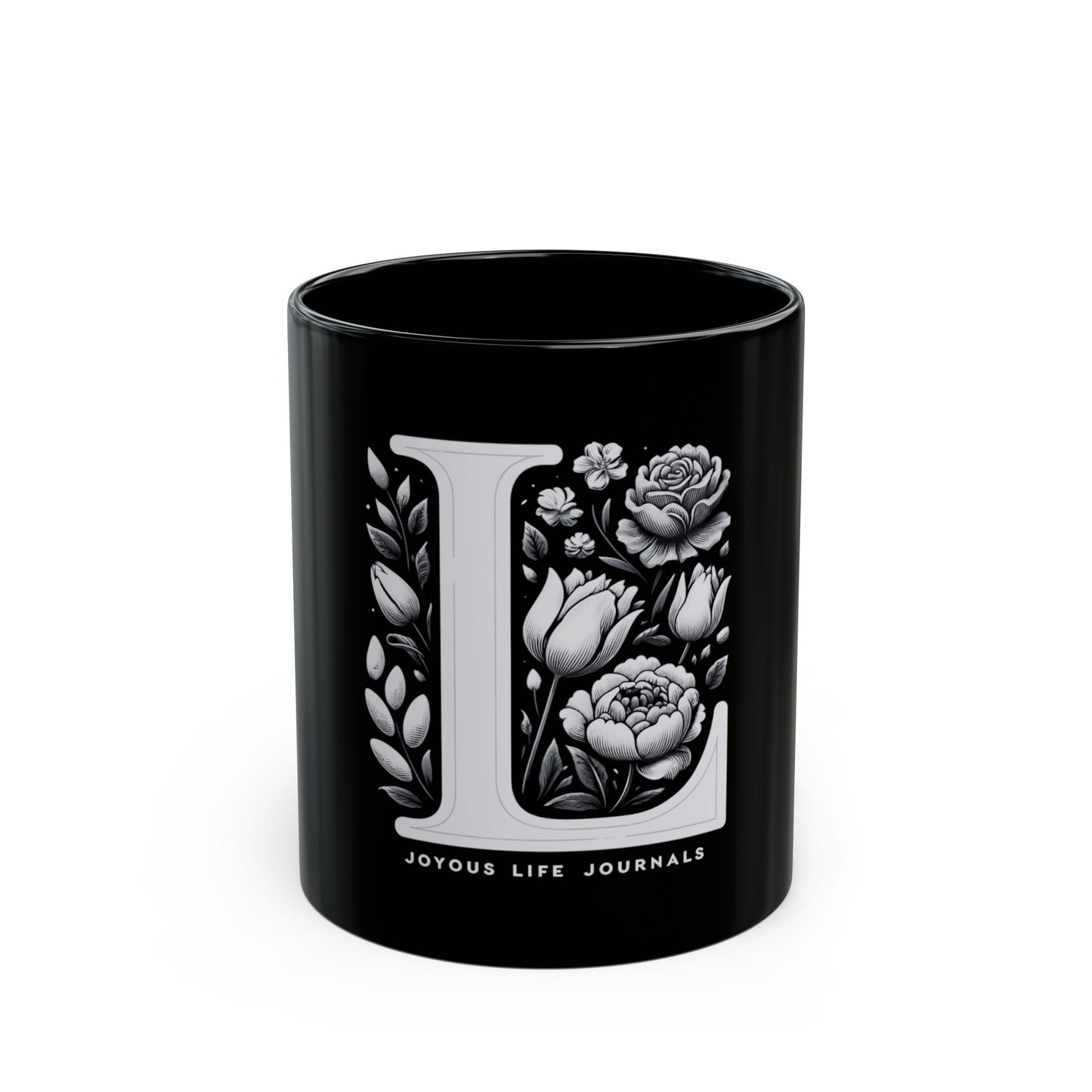 Luminary L: Monogram L 11oz Black Coffee Mug, Joyous Life Journals