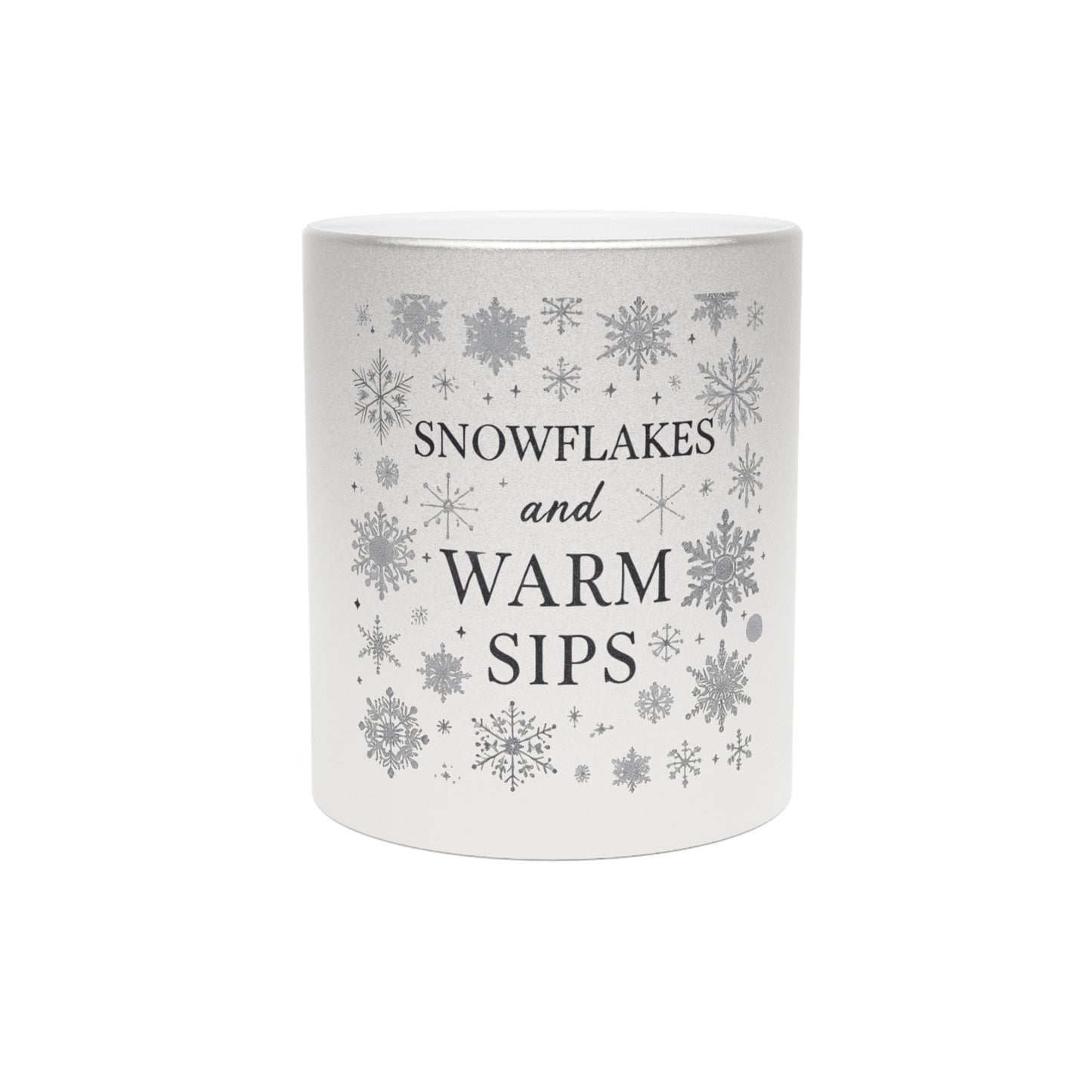 Snowflakes and Warm Sips Metallic Mug (Silver). Joyous Life Journals