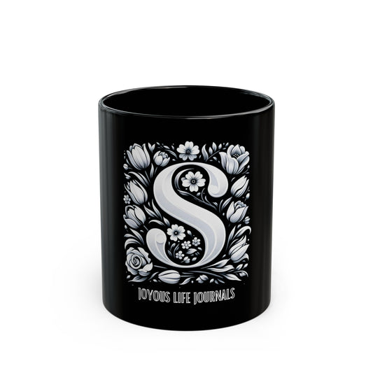 Sip of Sophistication Monogram S 11oz Black Coffee Mug, Joyous Life Journals